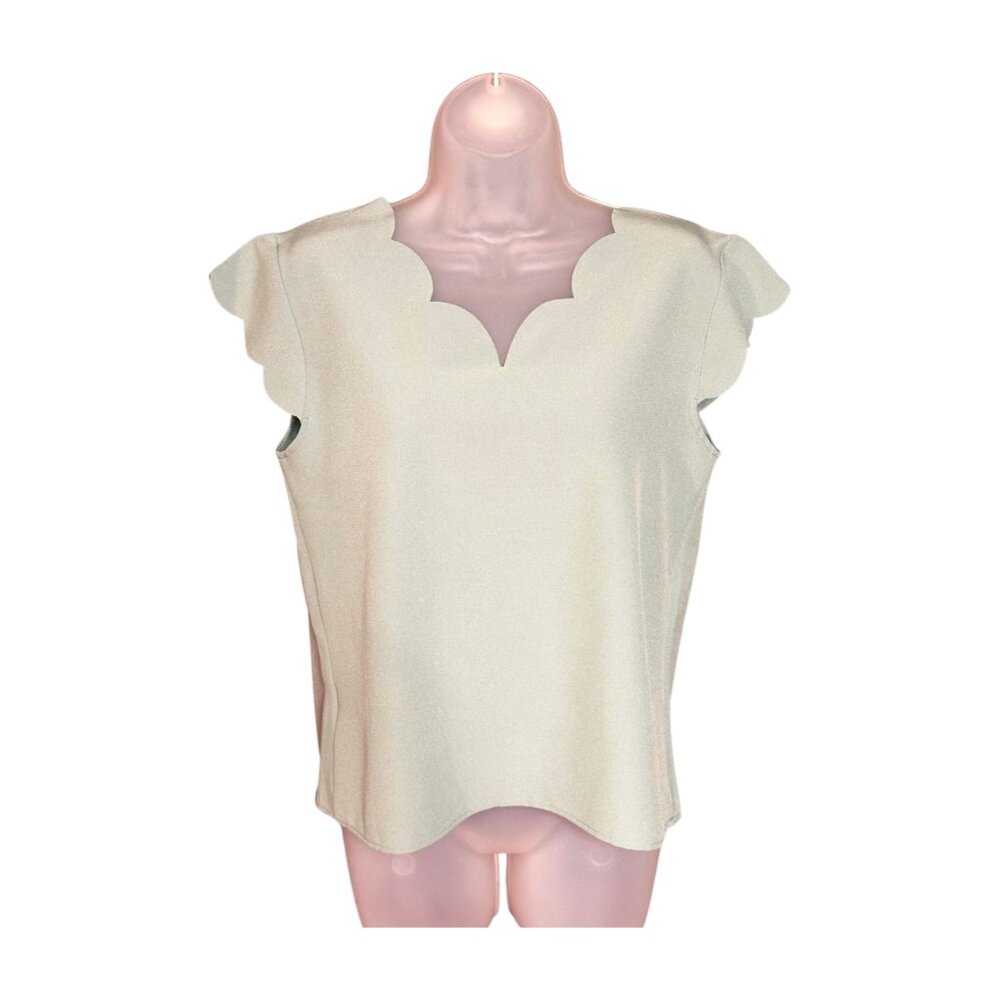 SHEIN Solid Double V-Neck Scallop Trim Blouse Cap Sleeve Regular Fit Pullover
